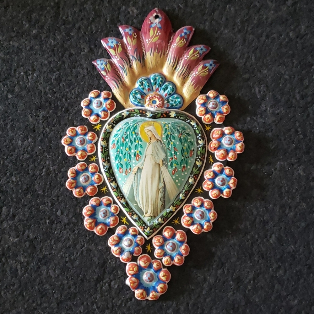 Sacred Heart Hand Painted Tin Milagros